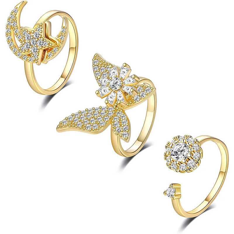 

Fashion Luxury Golden Butterfly Zircon Rotating Ring Women's Suit Personalized Design Jewelry