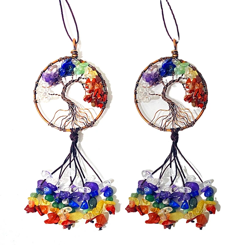 

Natural Crystal Stone Decoration Crafts Chakra Round Tree Of Life Pendant Holder Key Bags Accessories Wind Chimes Hanging Decor