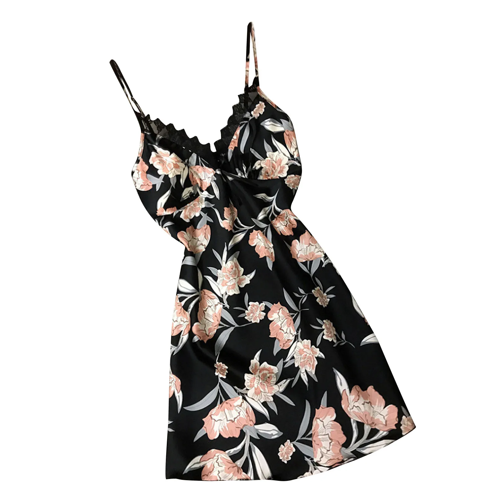 

Women Sleeveless Leaves Printing Dress, High-waist Slim-fit Sling, Imitation Silk Home Service