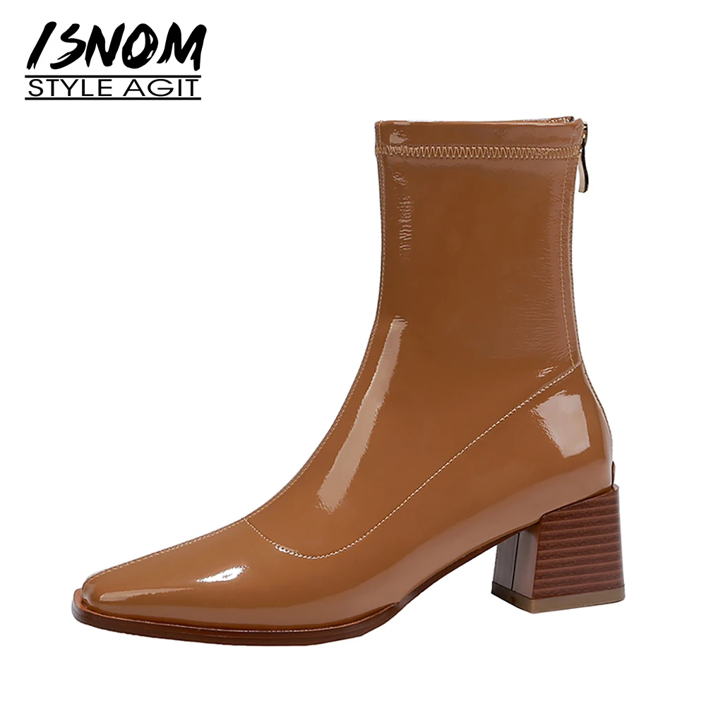 

ISNOM Slim Ankle Boots Women Patent Stretch Booties Square Toe Thick Med Heels Shoes Woman Skid Proof Ladies Short Boot Fashion