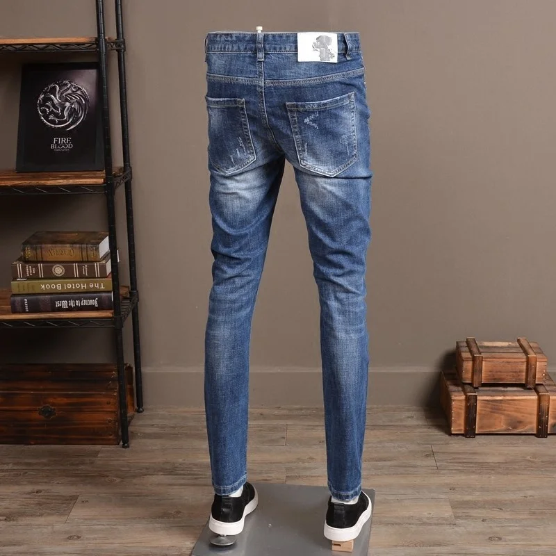 Masculino Jeans Fashion Brand Men Jeans Full Length Slim Fit Pencil Pant Man Casual Embroidery Classic Distressed Jean Man