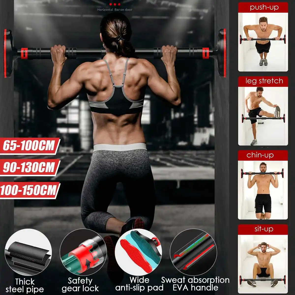 

65-150cm Door Horizontal Bars with Wide Anti-slip pad Home Gym Workout Chin Up Pull Up Training Bar Sport Fitness Equipments New
