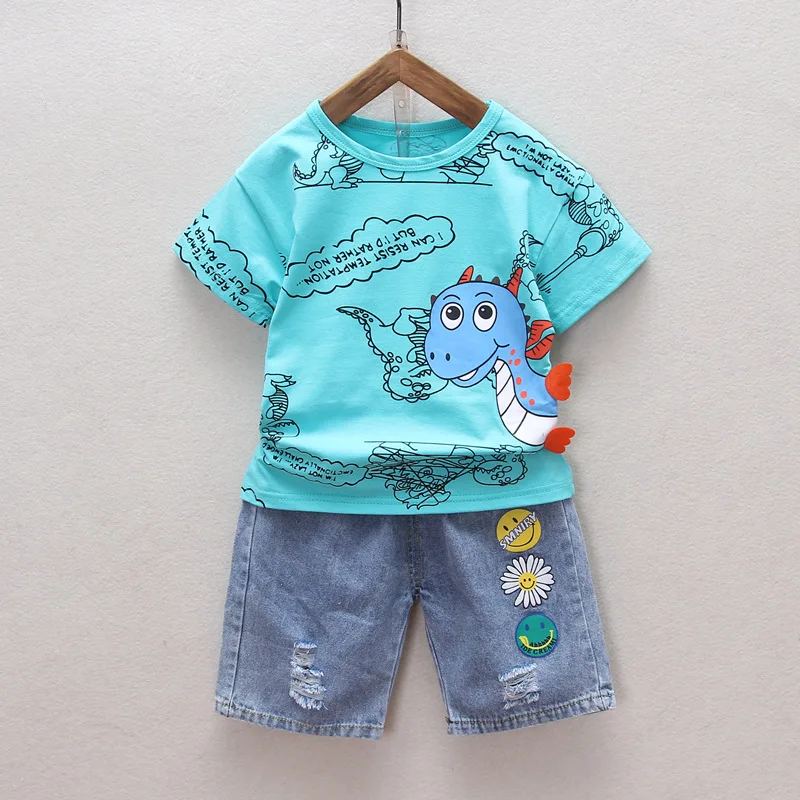 

Пижамный комплект для мальчиков и девочек, летний хлопковый топ с коротким рукавом и круглым вырезом, с мультяшным динозавром и шортами, 2020