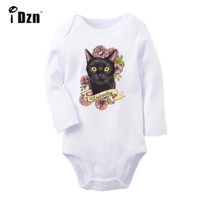 Retro Vintage Black Cat Wednesday Pink Flower Design Newborn Baby Bodysuit Toddler Long Sleeve Onsies Jumpsuit Cotton Clothes |