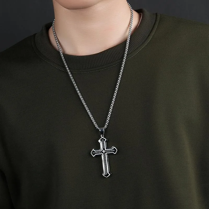 Мужское трехуровневое Библейское ожерелье с крестом из нержавеющей стали черное