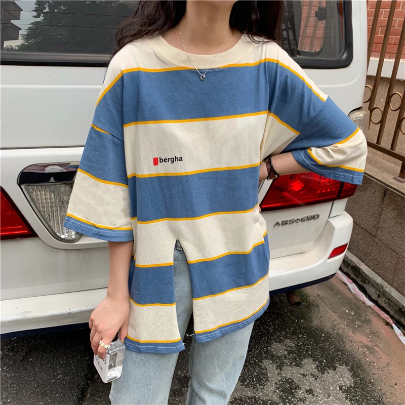 

Harajuku Striped Tshirt Side Slit Kopop T Shirt Summer Loose Casual Women Tops Short Sleeve Cotton Tee Tops Camiseta Feminina