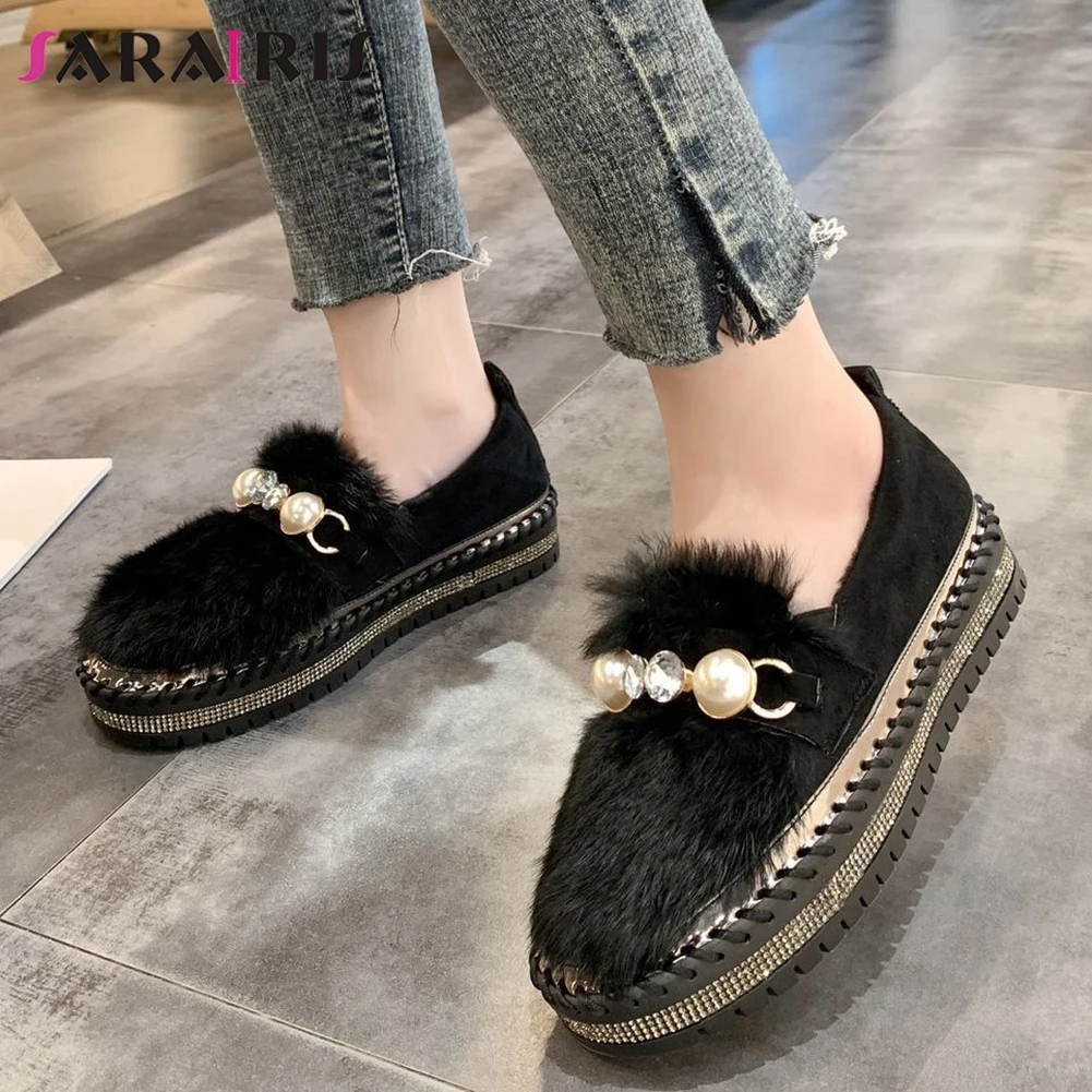 

SARAIRIS New Fashion Female 2020 Autumn Flats Shallow Flats Women Round Toe Platform Thick Bottom Crystal Bead Shoes Woman