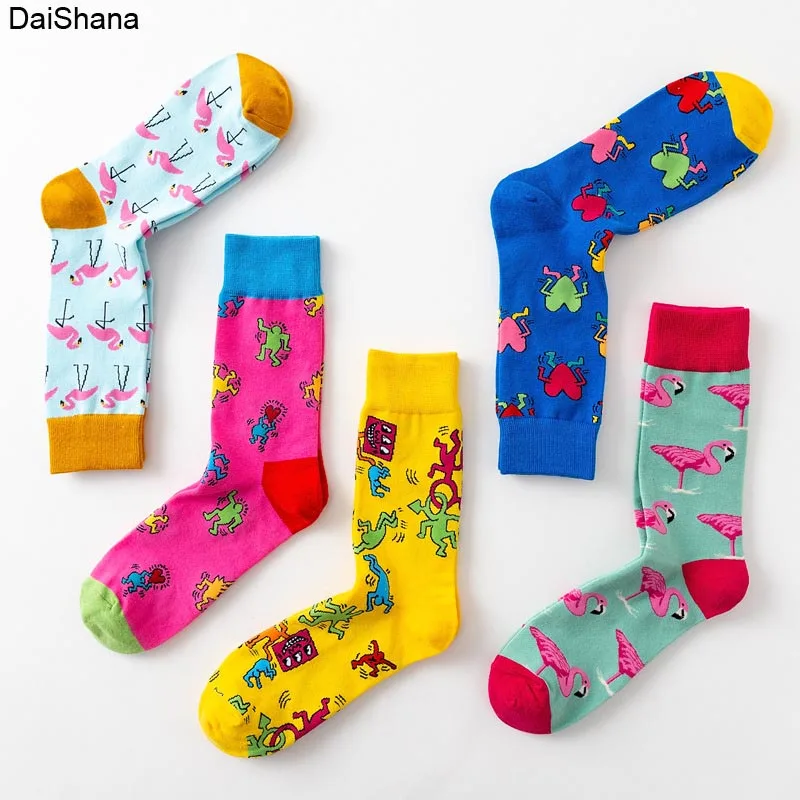 1 Pair New Fashion Harajuku Cotton Cartoon Animals Casual Socks Loving Heart Flamingo Women Cute Funny Happy Skateboard Socks