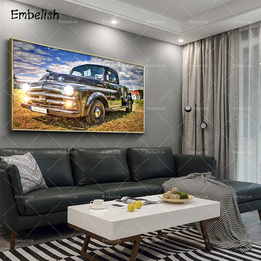 

Embelish 1 Pieces Vintage Car On The Grassland Landscape Wall Pictures For Living Room Home Decor Posters HD Canvas Paintings