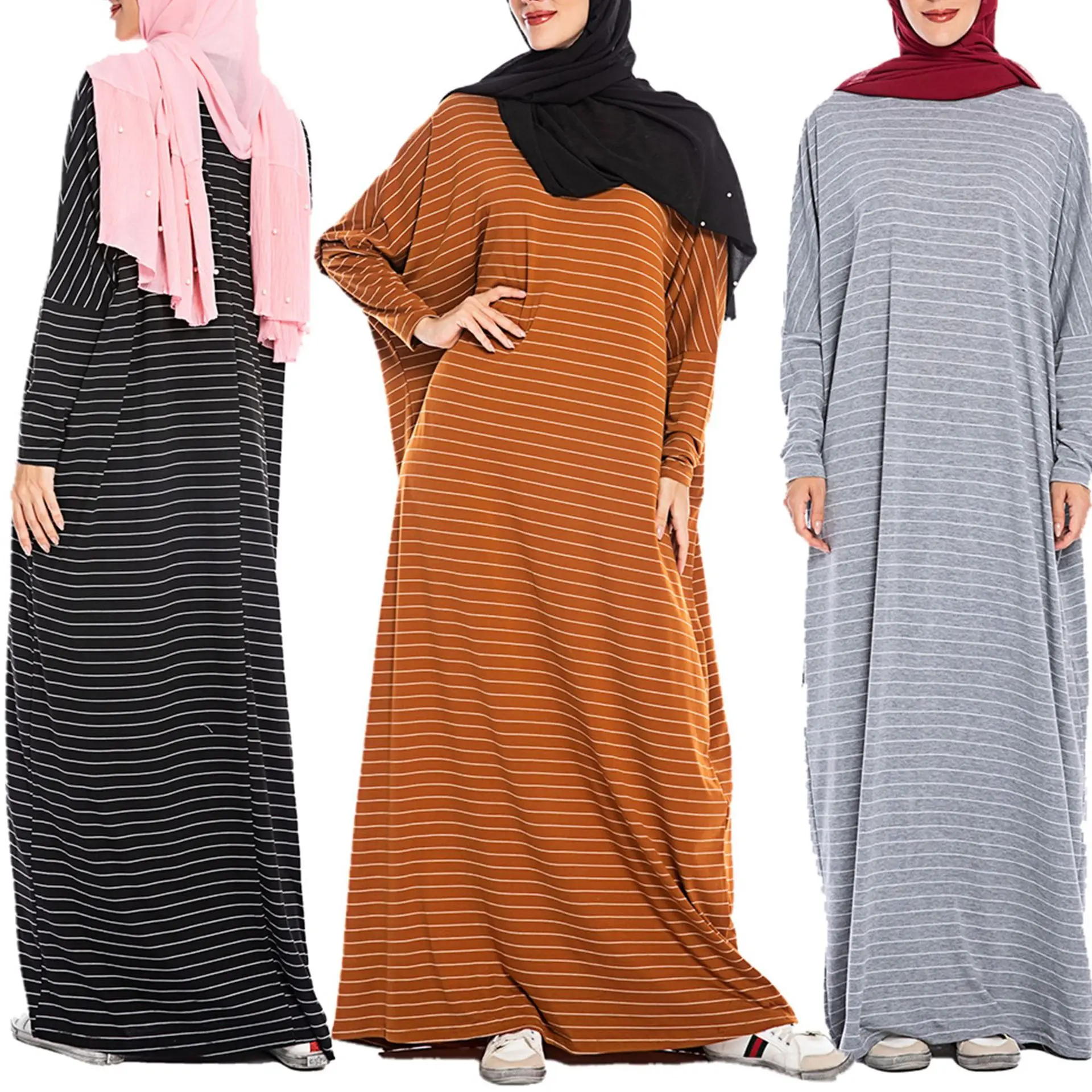 

Large Women Fashion Bat Long Sleeve Striped Casual Solid Color Islamic Bridal Dress With Hijab Muslim Girls Clothes Robe Set