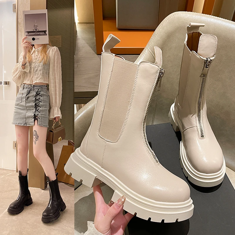 

2021 NEW Women Short Boots Fashion Platform Pu Leather Thick Heel Winter Shoe Woman Warm Elastic Casual Lady Footwear Size 34-42