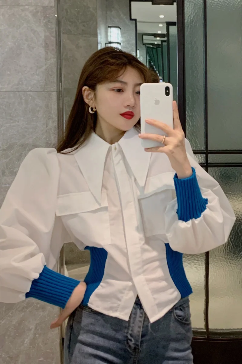 

COIGARSAM Full Shirt Womens tops Lantern Sleeve Panelled High Waist Women shirts White Green 0309