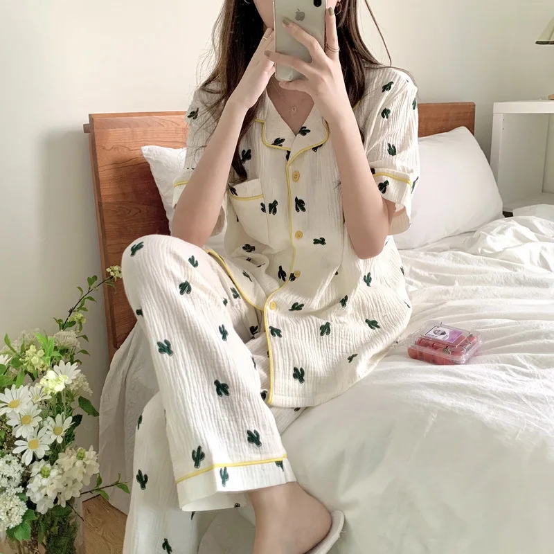

2021 Summer New Printed Pajamas Women's Cardigan Cotton Gauze Short Sleeve Home Suit Female Sleepwear Lady Nightwear Lounge Wear