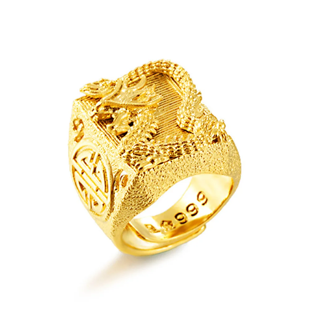 

2021 New fashion 24K Gold Color Rings for Women 3D Dragon Carved Rhombus Chunky Width Men Ring Vintage Indian Wedding Jewelry