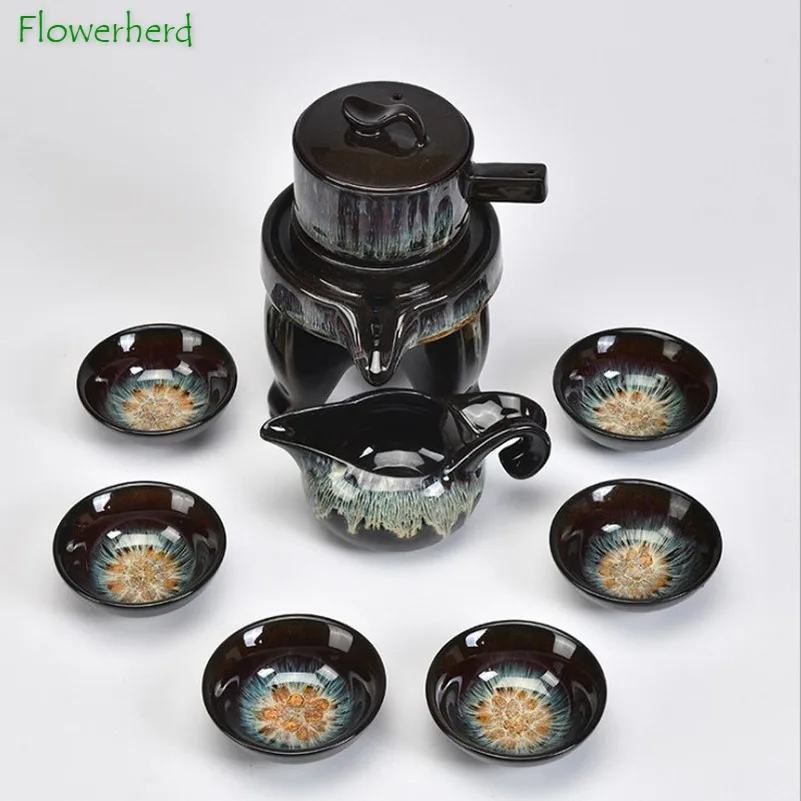 

Ceramic Porcelain Kung Fu Tea Set Teaware Tea Cup Set of 6 Kiln Changing Sand Gold Color Brushed Glaze Stone Grinding Tea Maker