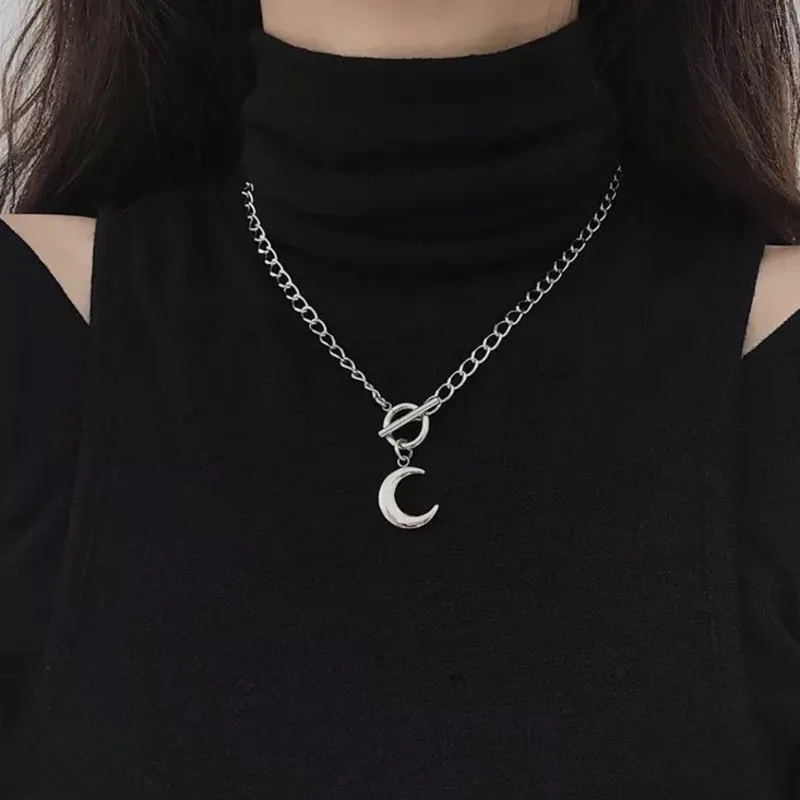 

2021 Kpop Harajuku Goth Punk Titanium Steel Moon Pendant Chain OT Buckle Necklace For Women Men Egirl Party Accessory Jewelry