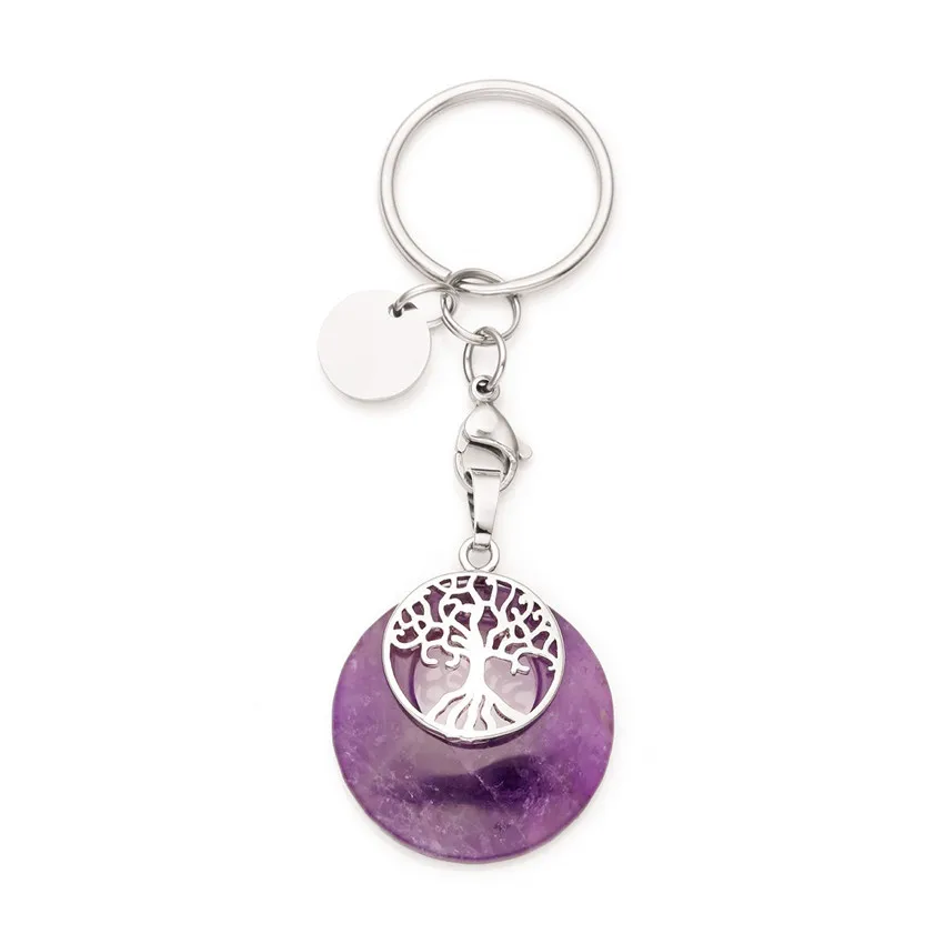 

FYJS Unique Silver Plated Circle Lobster Clasp Round Hollow Natural Purple Amethysts Stone Key Chain Tree of Life Jewelry