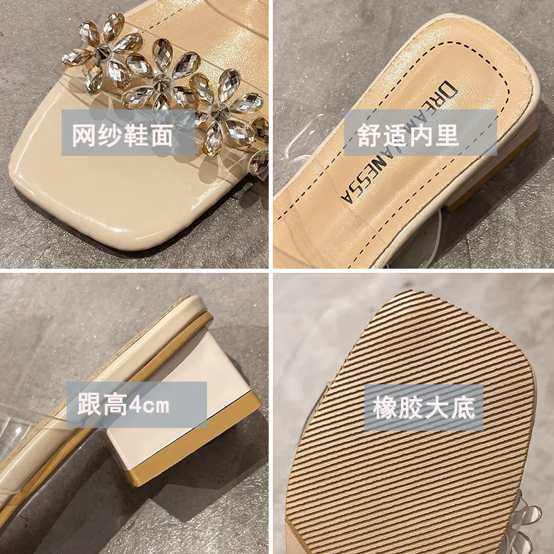 

Glitter Slides Flower Med Shoes Transparent Slippers Square heel Fashion Slipers Women Jelly Block Luxury 2021 Floral PU Fabric