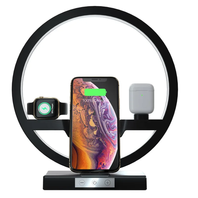 

Беспроводная зарядная док-станция 3 в 1 QI для iPhone 11 Pro Max для Apple Watch iWatch 1 2 3 4 5 Airpods, Держатель зарядного устройства, светодиодная лампа