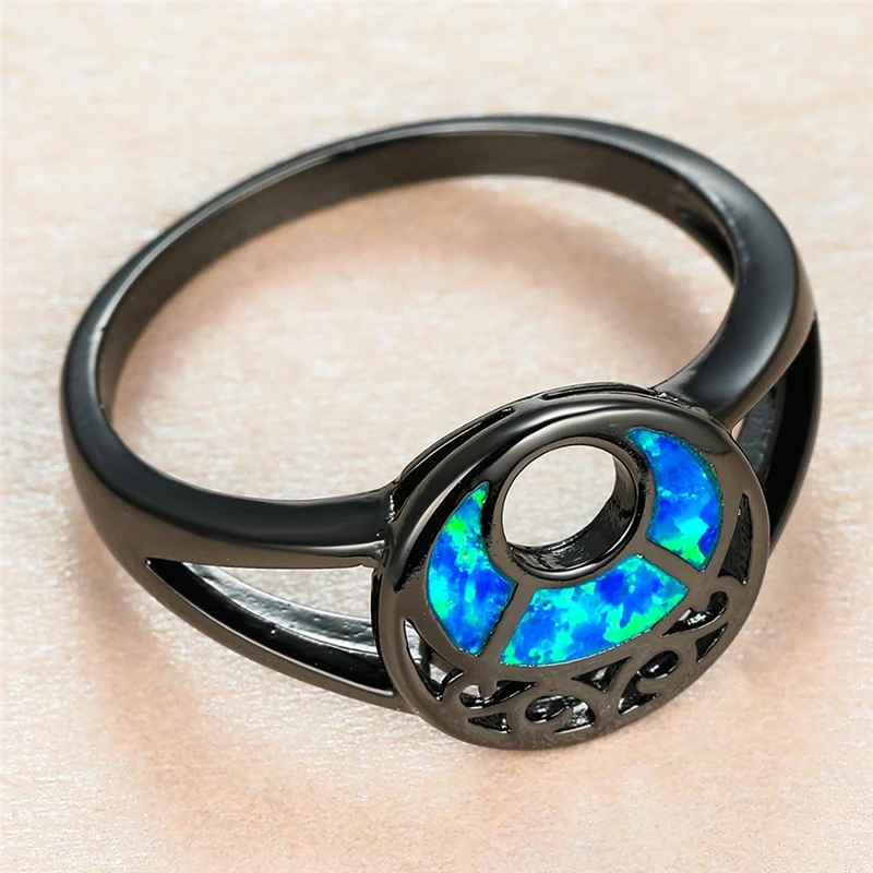 

Luxury Female Blue Opal Stone Ring Charm Black Gold Hollow Wedding Rings For Women Punk Bride Moon Thin Engagement Ring