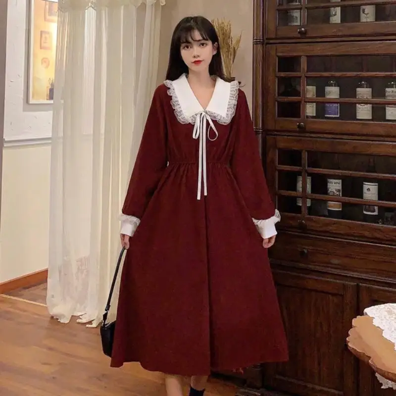 Осеннее черное платье с длинным рукавом кружевные Классические платья женская