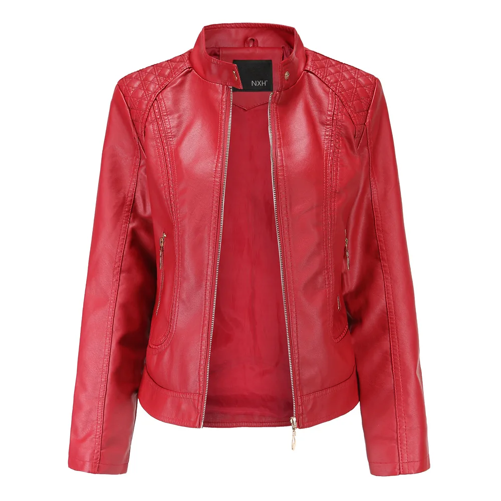 

2021 Leather Jacket Women Zippers Spring Autumn Women's PU Leather Jacket Mandarin Collar Red Motor Biker Coat Female Oversized