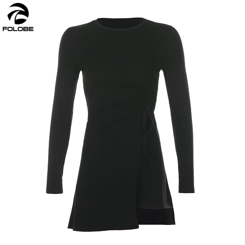 

FOLOBE 2020 Autumn Black Sexy Mini Dresses Women Long Sleeve Drawstring Pleated A-line Irregular Party Sexy Dress Female Mini