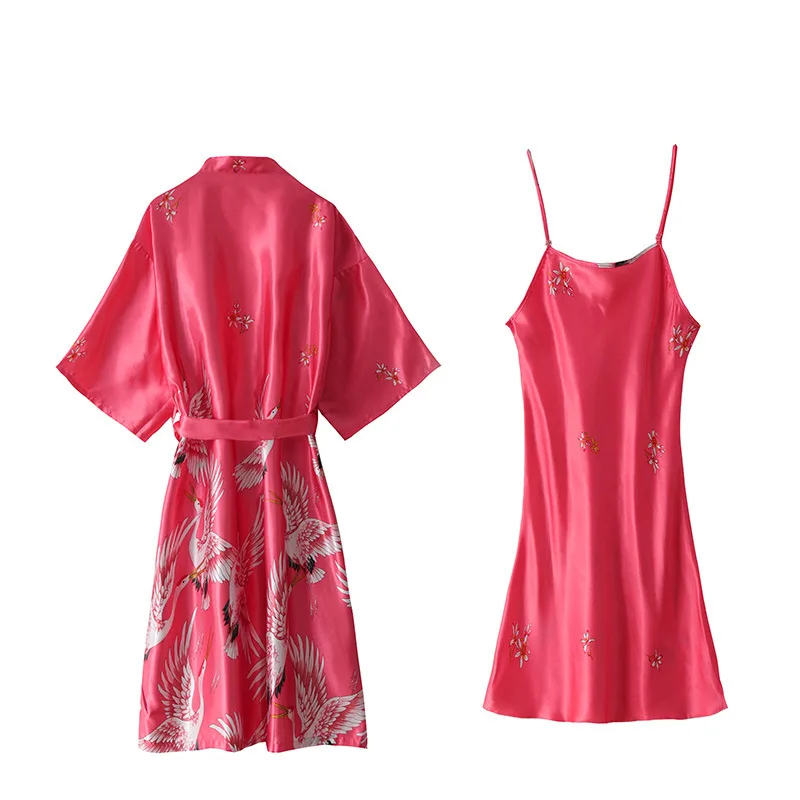 

Red Crane Print Kimono Robe Gown Set Bridal Bridesmaid Wedding Bathrobe Women Summer New Short Sleeve Sleepwear Sexy Nightgown