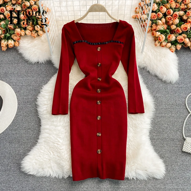 

HangCode Long Sleeve Office Dresses Women Button Knitting Square Collar Skinny Short Autumn Dress Ladies Elegant Work Dress