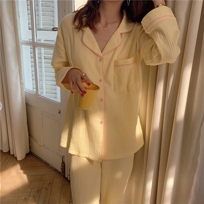 New Double Layer Yarn Cotton Pajamas Women's Long Sleeve Cardigan Two Piece Suit In Spring And Autumn 2020