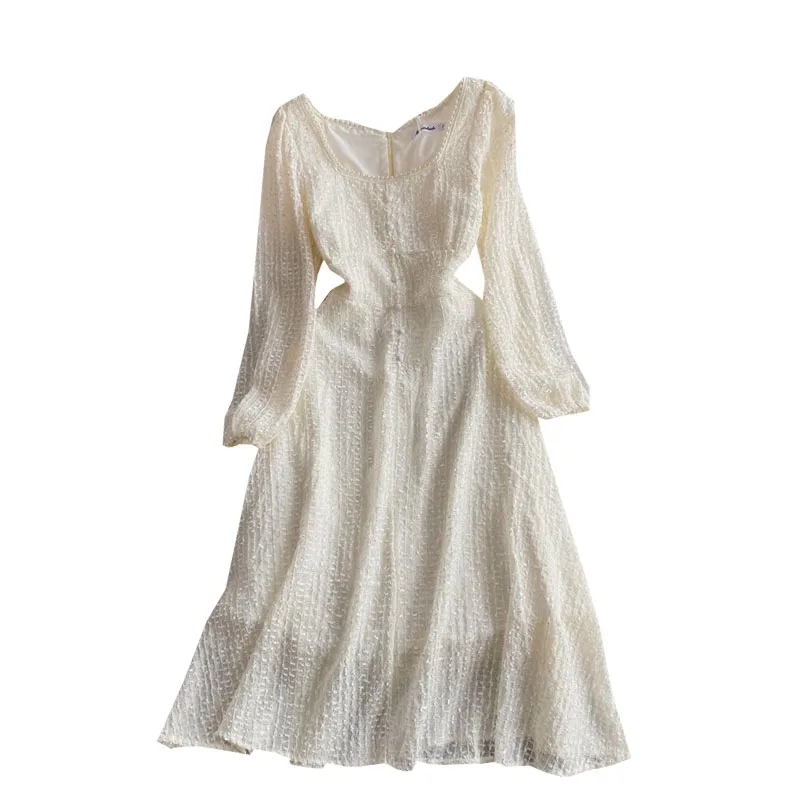 

Aibeautyer New Spring Autumn Casual Square Collar Dress A Line Solid Button Mid Calf Full Women Dresses