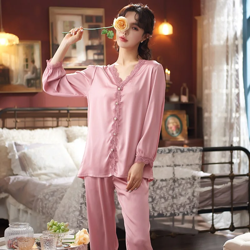 

Women's Pajamas Elegant Casual Lace Pure Color Faux Silk Long Slevee Tops and Trousers Home Set Autumn Female Loose Nightwear