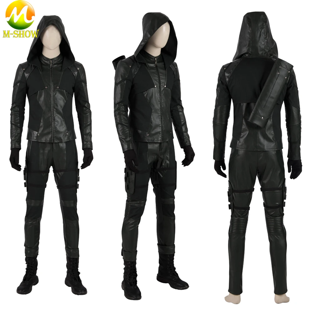 Green Arrow Cosplay Costume Oliver Queen Outfit Full Set With Quiver Luxious Faux Leather Battle Suit for Halloween Any Size