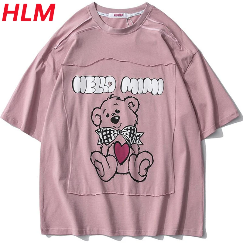 

HLM Summer 100%Cotton Kawaii Fashion Street Â Harajuku Style T-Shirt Zipper Short Sleeve Top Unisex Loose Plus Size Tshirts