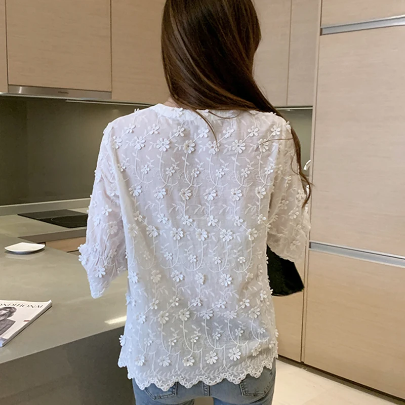 

Embroidery Floral Blouses for Women Shirts V-Neck Flare Sleeve Chiffon Blouse Summer Tops Korean Plus Size Vintage Office Lady