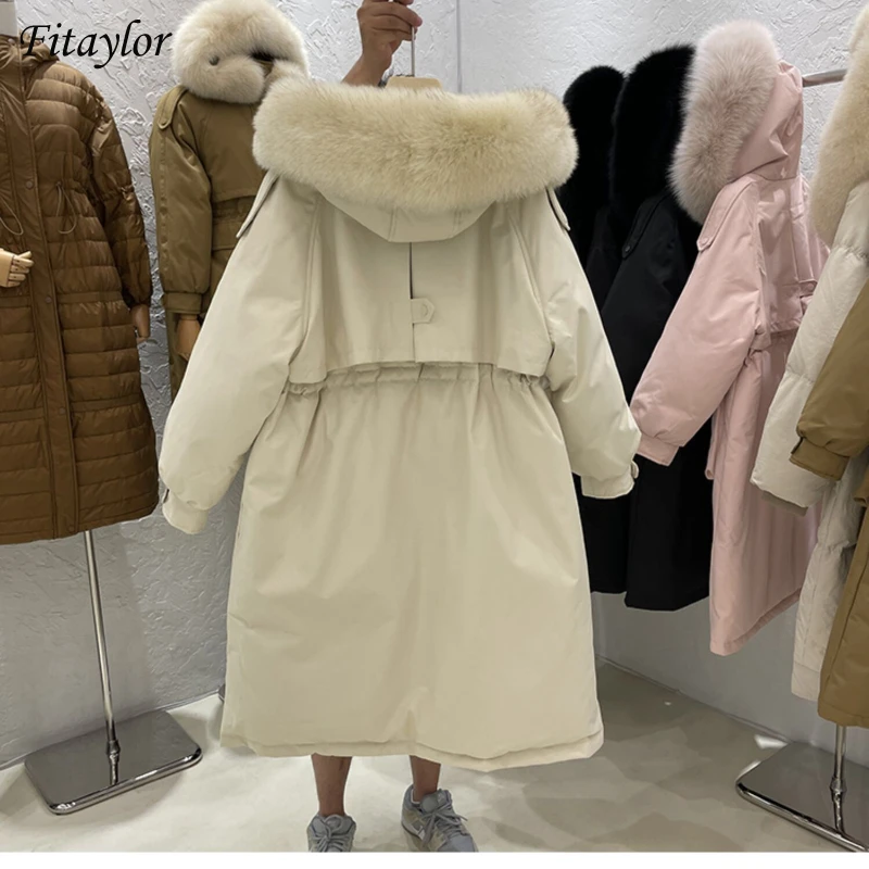 Fitaylor Женское пальто с натуральным мехом енота зимняя куртка на 90% белом утином