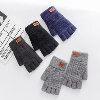 winter fingerless gloves for men half finger writting office knitted alpaca wool warm leather label thick elastic driving gloves