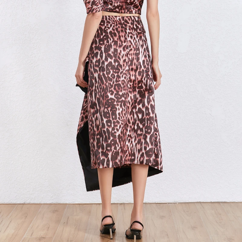 TWOTWINSTYLE леопардовая Асимметричная Женская юбка средней длины с высокой талией и