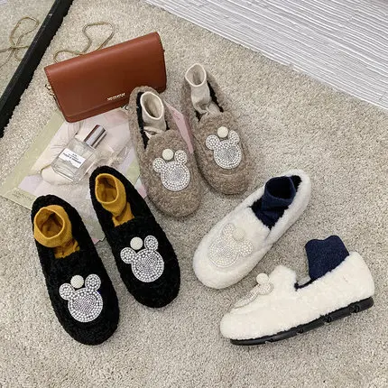 Новинка зимы 2019 женские модные бархатные туфли стразы из овечьей шерсти одна