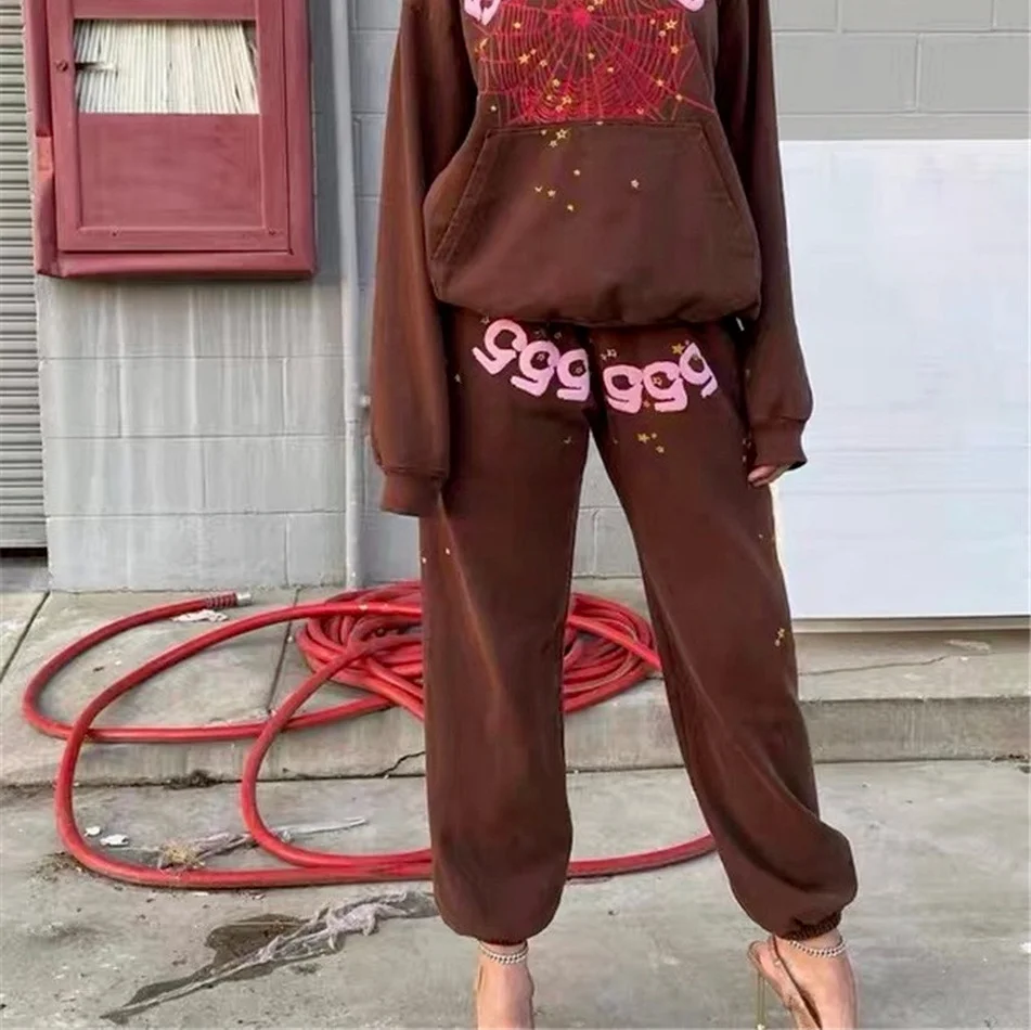 

Мужские и женские спортивные штаны 2021ss, коричневые брюки с граффити, с рисунком паутины, джоггеры на завязках для мужчин и женщин, 555555