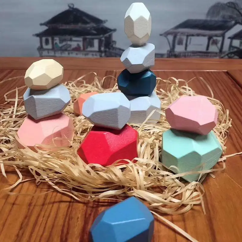 

16 Pcs Children Wooden Colored Stone Stacking Game Building Block Kids Creative Educational Toys