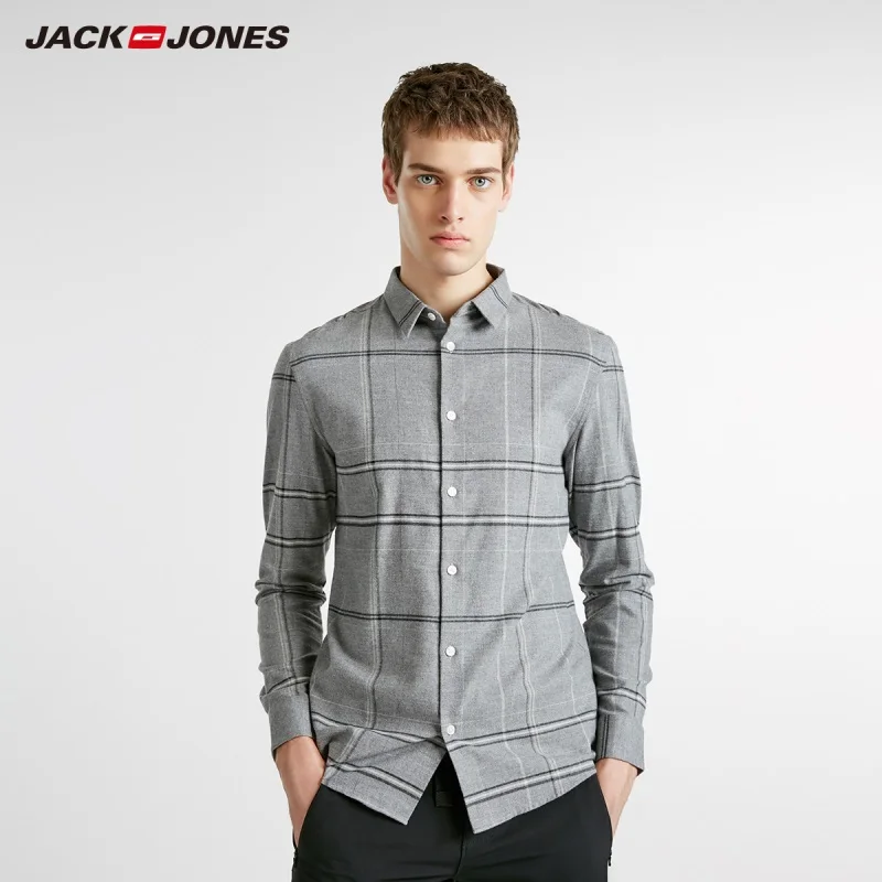 Mid Grey JackJones Мужская отшлифованная ткань клетчатая рубашка с длинными рукавами 218405521 - Цвет: Mid Grey