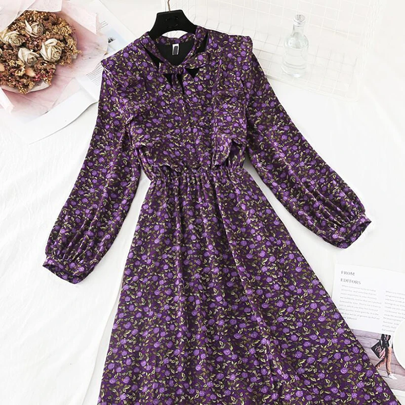 

2020 Spring Women Dresses Vintage Floral print Bow Ruffle Chiffon Midi Dress Female Casual Party Long Sleeve Dress Vestidos