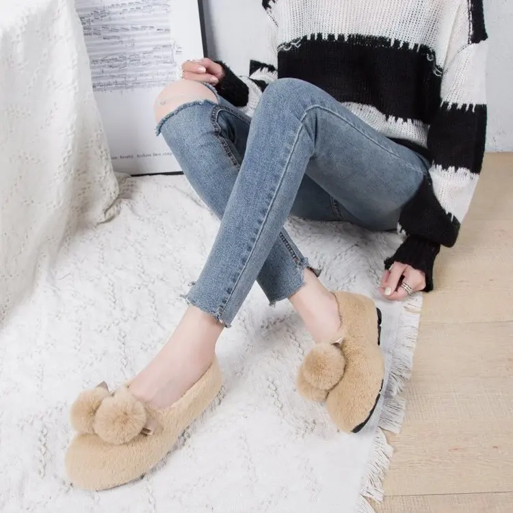 Flat Shoes Women Plus Velvet 2021 Winter Bow Cotton Shoes Women Warm and Non-slip Outer Wear Fashionable Plush Shoes Women
