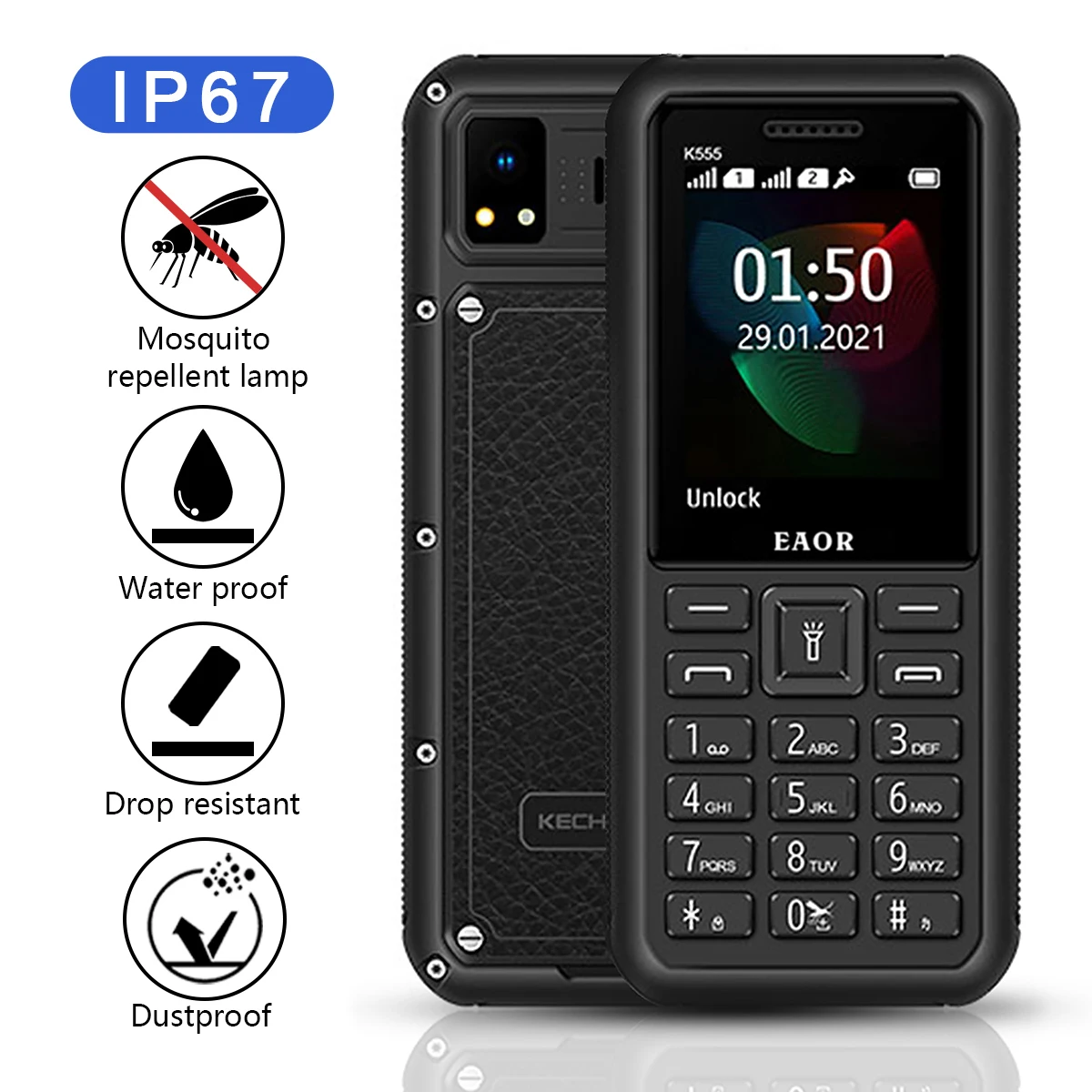 

EAOR IP67 Водонепроницаемый прочный телефон с двумя SIM-картами, емкостью 2500 мАч, с большой батареей, телефоны с противомоскитной лампой, фонарик,...