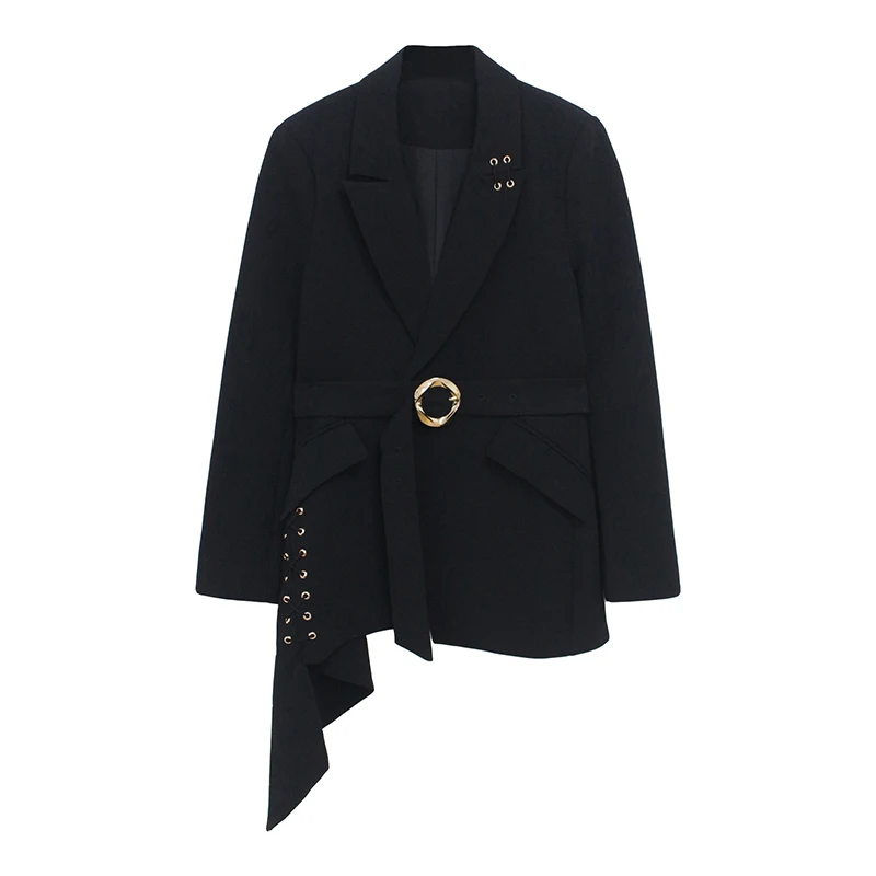 

[EAM] Women Black Brief Irregular Stitch Blazer New Lapel Long Sleeve Loose Fit Jacket Fashion Tide Spring Autumn 2021 1W494