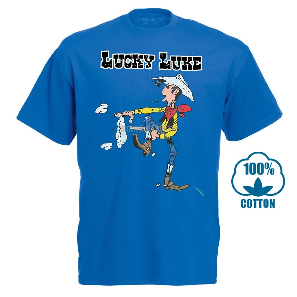 Синий Lucky Luke Comics ковбой Уайлдер Вестерн Прохладный Лето Мужская Новая футболка Личность граффити - Цвет: Синий