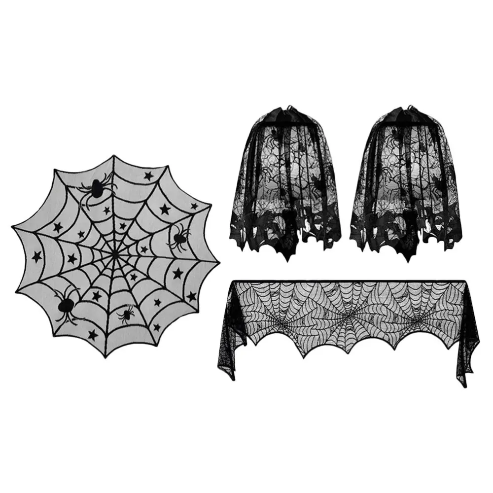 

4 Pcs Funny Cobweb Style Fireplace Cloth Tablecloth Set (black)