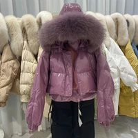 2021 new glossy winter real fur collar winter down jacket for women fashion hooded outerwear loose coat ladies short jacket
