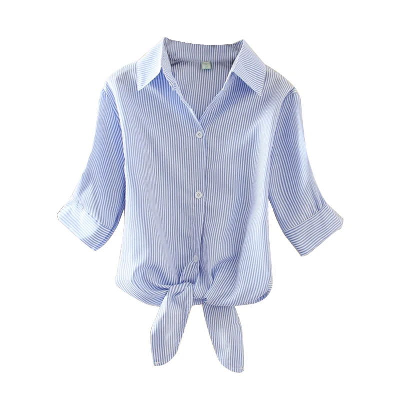 Женская блузка рубашка лето 2019 короткий рукав полосатая одноцветная с бантом Blusas